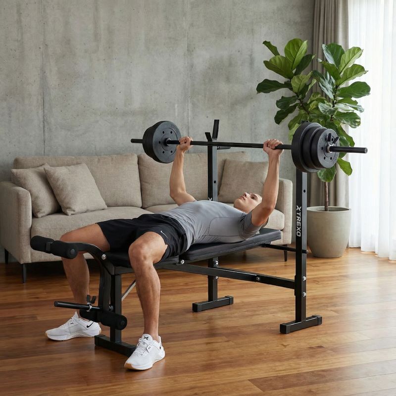 Тренировъчна пейка XTREXO BenchFit Lite със стойка и щанга черна 3