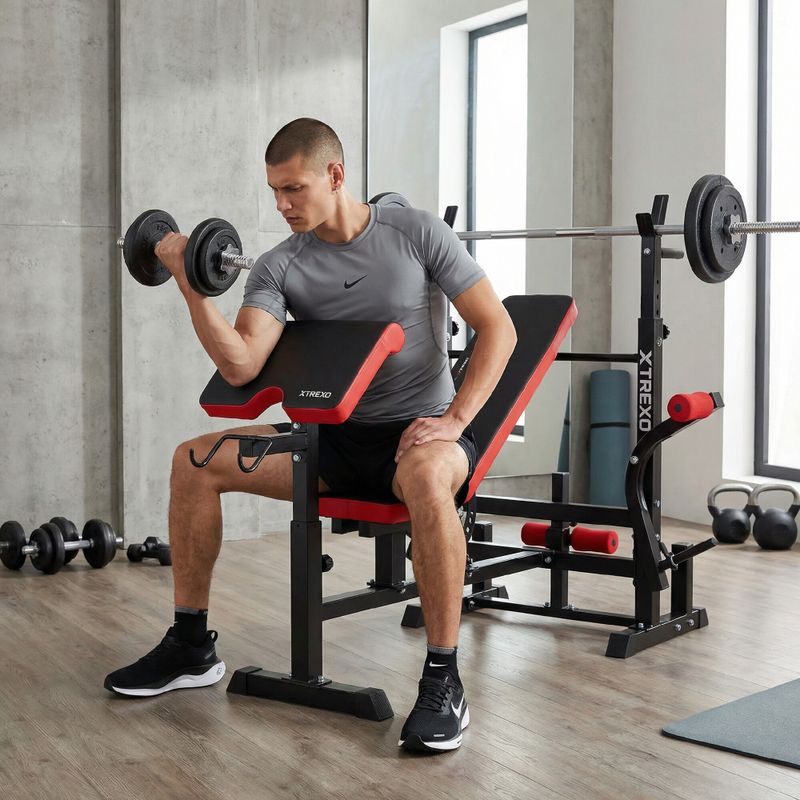 Тренировъчна пейка XTREXO BenchFit Max със стойка и молитвен лост черна 7
